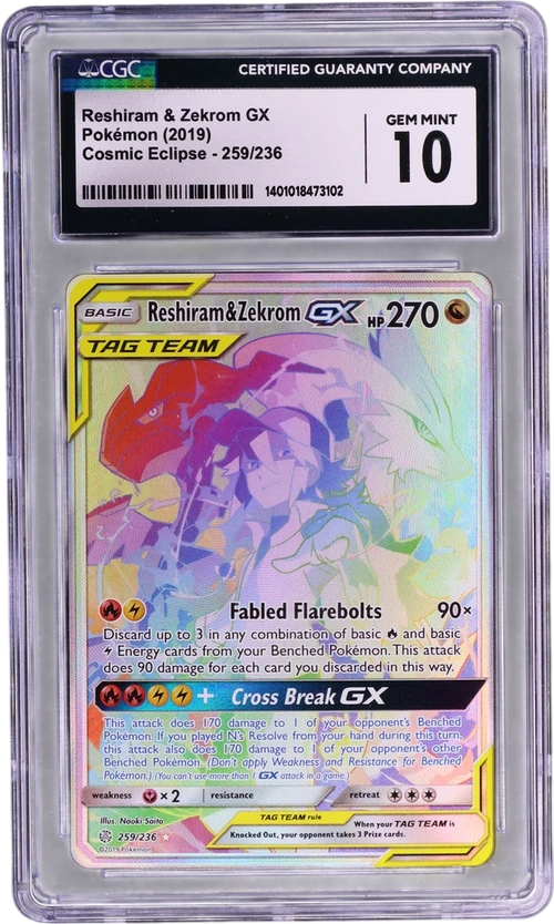 2019 Pokemon Cosmic Eclipse 259/236 Reshiram & Zekrom GX Rainbow Rare Holo