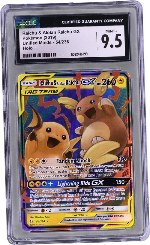 2019 Pokemon Unified Minds 54/236 Raichu & Alolan Raichu GX Holo