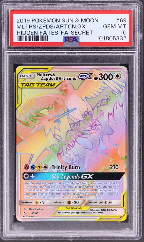 2019 Pokemon Sun & Moon Hidden Fates #69 Full Art / Moltres & Zapdos & Articuno Gx Secret