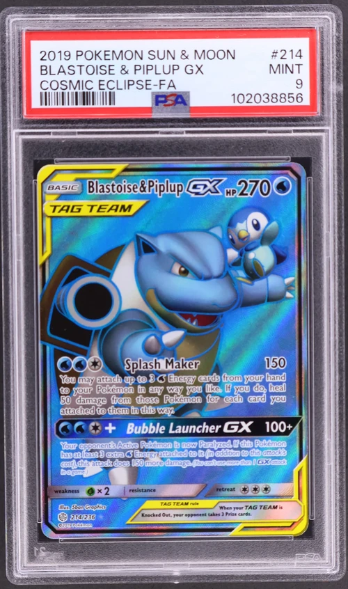 2019 Pokemon Sun & Moon Cosmic Eclipse #214 Full Art / Blastoise & Piplup Gx