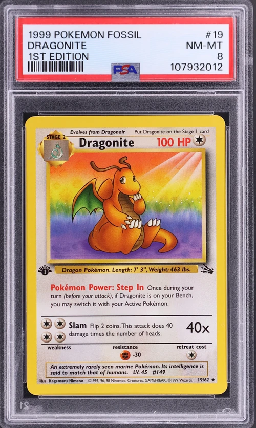 1999 Pokemon Fossil #19 Dragonite 1st Edition