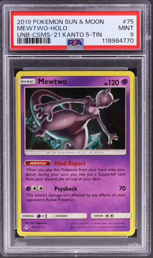 2019 Pokemon Sun & Moon Unbroken Bonds #75 Mewtwo-Holo Cosmos-2021 Kanto 5-Tin Exclusive