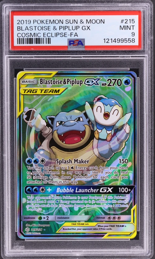 2019 Pokemon Sun & Moon Cosmic Eclipse #215 Full Art / Blastoise & Piplup Gx