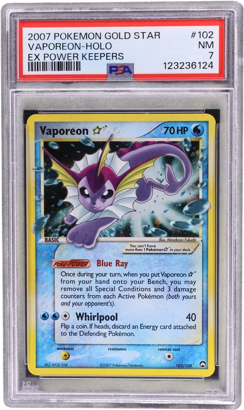 2007 Pokemon Ex Power Keepers #102 Vaporeon-Holo Gold Star (PSA 7)