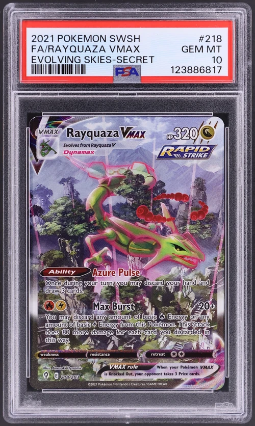 2021 Pokemon Sword & Shield Evolving Skies #218 Full Art / Rayquaza Vmax Secret (PSA 10)