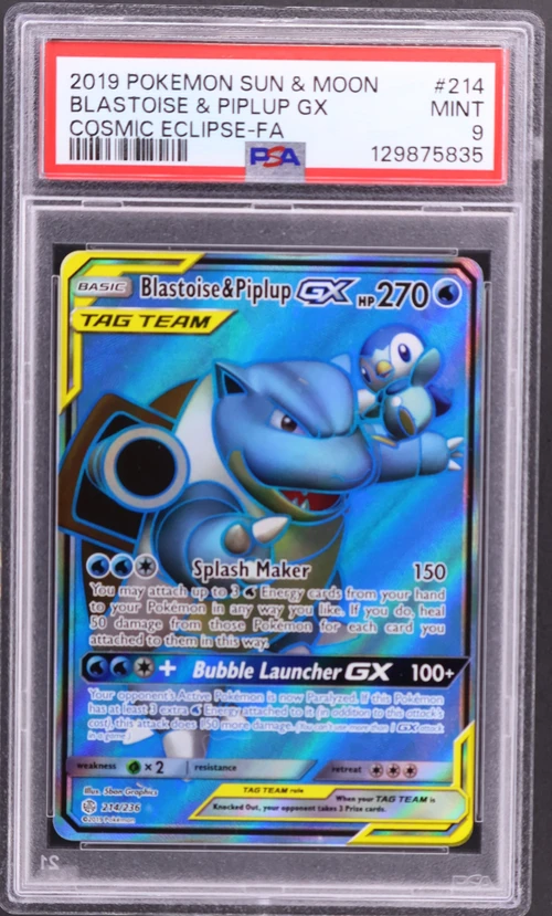 2019 Pokemon Sun & Moon Cosmic Eclipse #214 Full Art / Blastoise & Piplup Gx