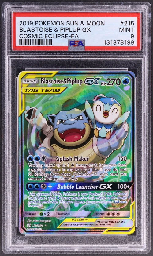 2019 Pokemon Sun & Moon Cosmic Eclipse #215 Full Art / Blastoise & Piplup Gx