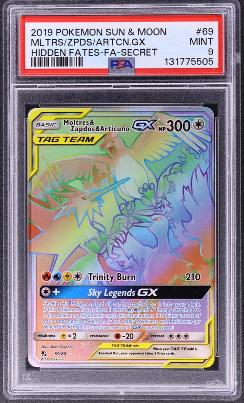 2019 Pokemon Sun & Moon Hidden Fates #69 Full Art / Moltres & Zapdos & Articuno Gx Secret