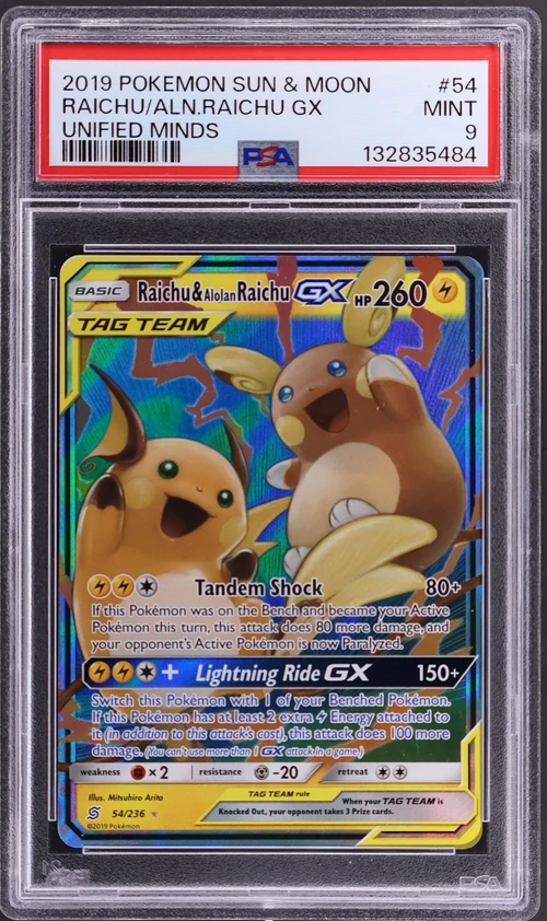 2019 Pokemon Sun & Moon Unified Minds #54 Raichu & Alolan Raichu Gx