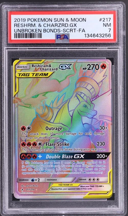 2019 Pokemon Sun & Moon Unbroken Bonds #217 Full Art / Reshiram & Charizard Gx Secret