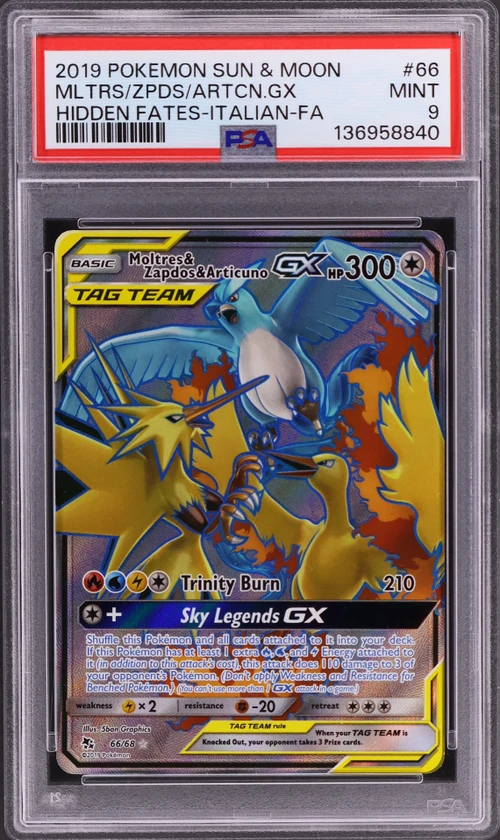 2019 Pokemon Sun & Moon Hidden Fates #66 Full Art / Moltres, Zapdos E Articuno Gx Italian