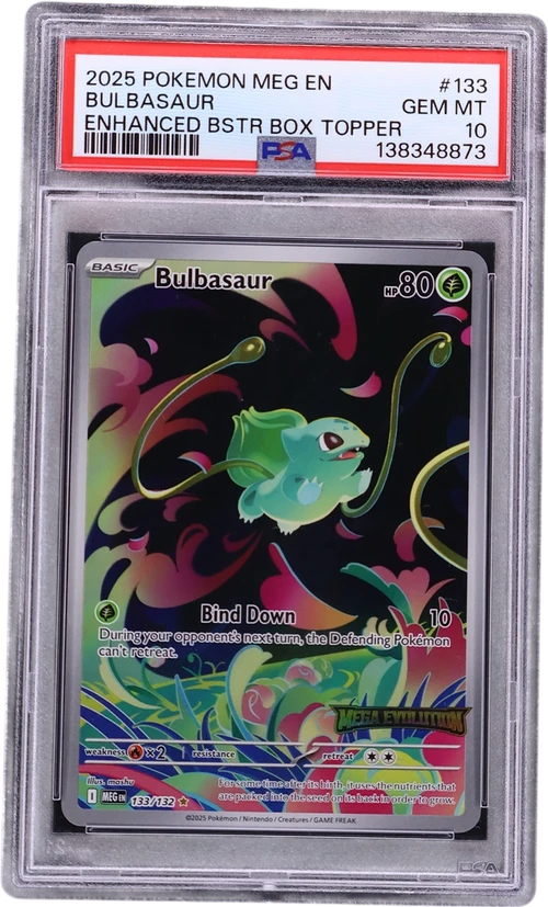 2025 Pokemon Meg En-Mega Evolution #133 Bulbasaur Enhanced Booster Box Topper (PSA 10)
