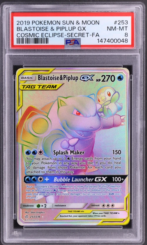 2019 Pokemon Sun & Moon Cosmic Eclipse #253 Full Art / Blastoise & Piplup Gx Secret