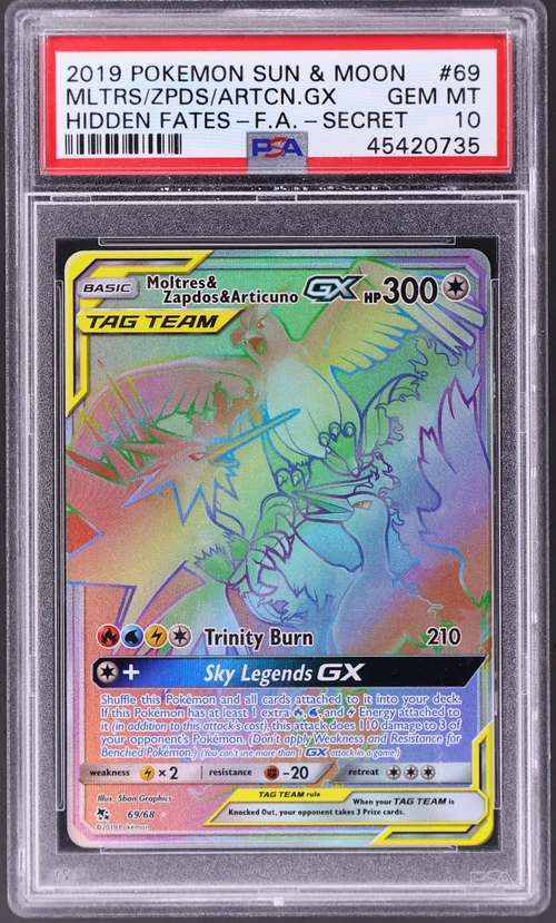 2019 Pokemon Sun & Moon Hidden Fates #69 Full Art / Moltres & Zapdos & Articuno Gx Secret