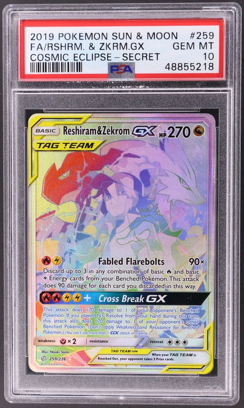 2019 Pokemon Sun & Moon Cosmic Eclipse #259 Full Art / Reshiram & Zekrom Gx Secret (PSA 10)