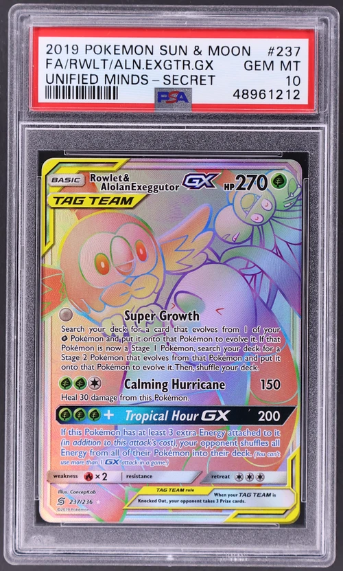 2019 Pokemon Sun & Moon Unified Minds #237 Full Art / Rowlet & Alolan Exeggutor Gx Secret