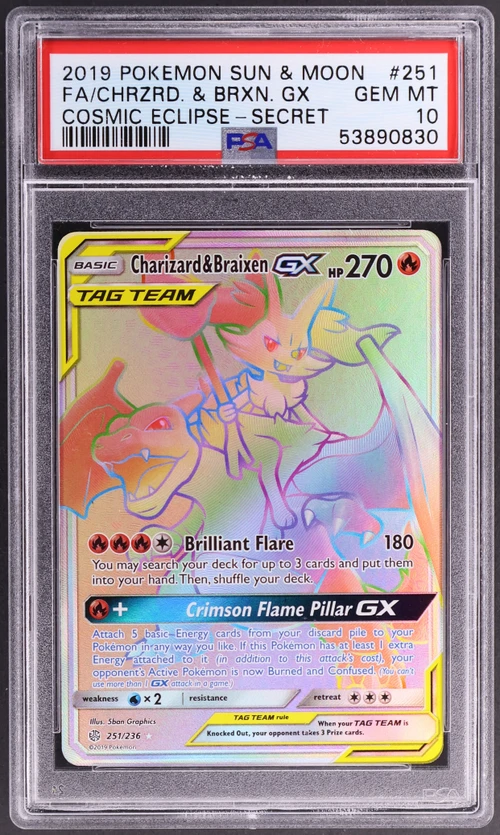 2019 Pokemon Sun & Moon Cosmic Eclipse #251 Full Art / Charizard & Braixen Gx Secret