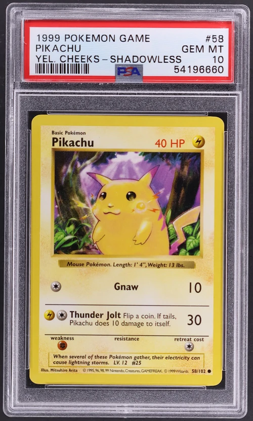 1999 Pokemon Game #58 Pikachu Yellow Cheeks-Shadowless (PSA 10)