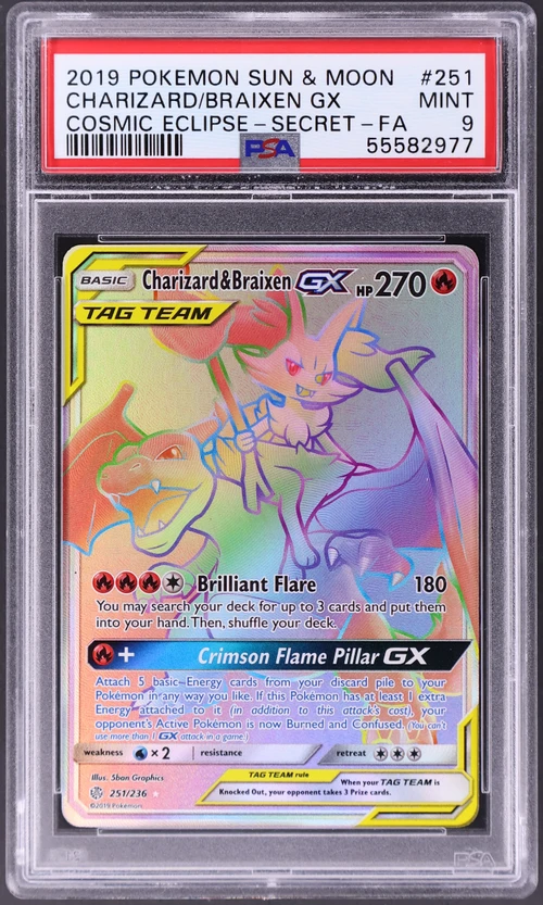 2019 Pokemon Sun & Moon Cosmic Eclipse #251 Full Art / Charizard & Braixen Gx Secret