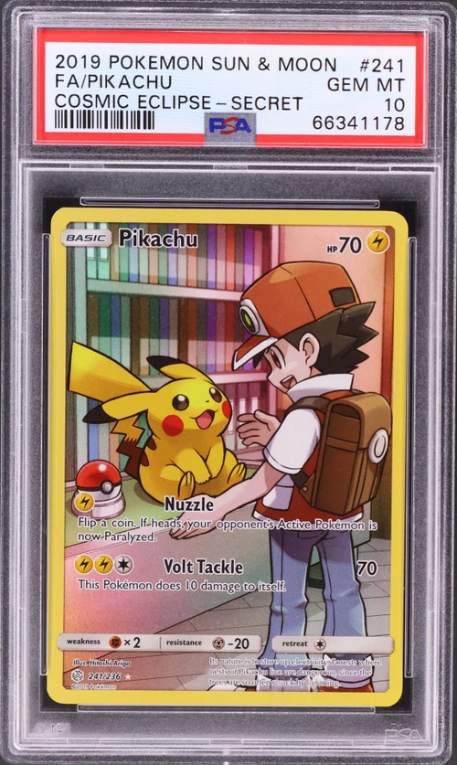 2019 Pokemon Sun & Moon Cosmic Eclipse #241 Full Art / Pikachu Secret (PSA 10)