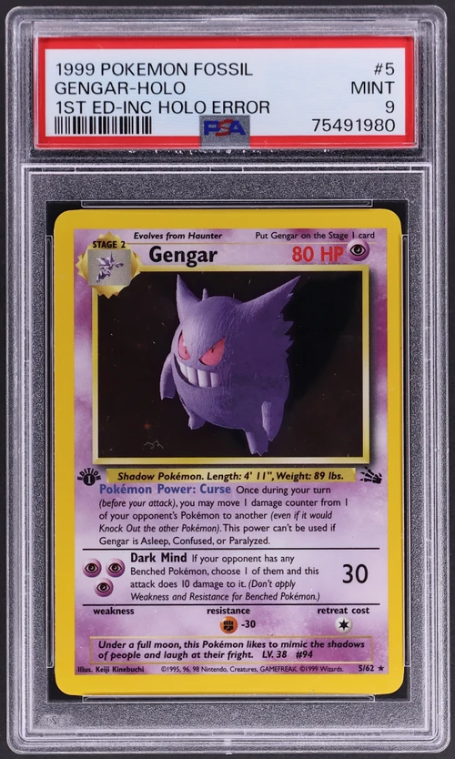 1999 Pokemon Fossil #5 Gengar-Holo 1st Edition-Incomplete Holo (PSA 9)