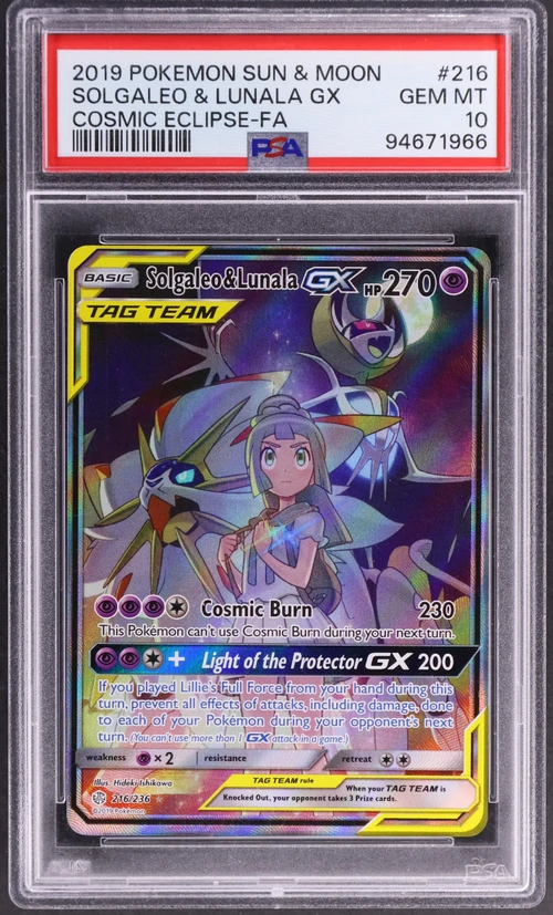 2019 Pokemon Sun & Moon Cosmic Eclipse #216 Full Art / Solgaleo & Lunala Gx (PSA 10)