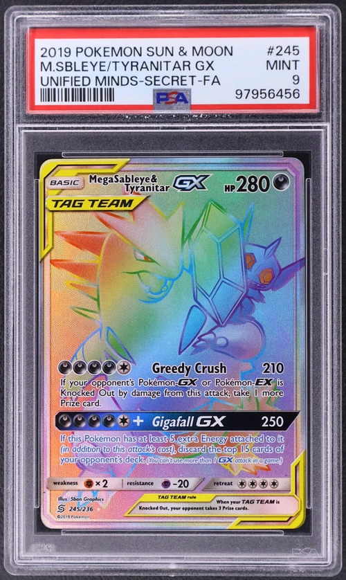 2019 Pokemon Sun & Moon Unified Minds #245 Full Art / Mega Sableye & Tyranitar Gx Secret