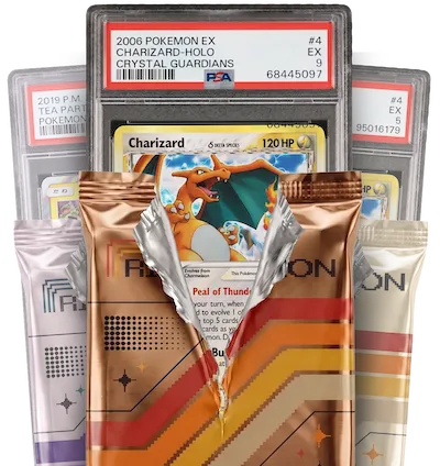 Torn-open Rip Station foil pack revealing a PSA-graded Charizard slab, with more packs and slabs behind