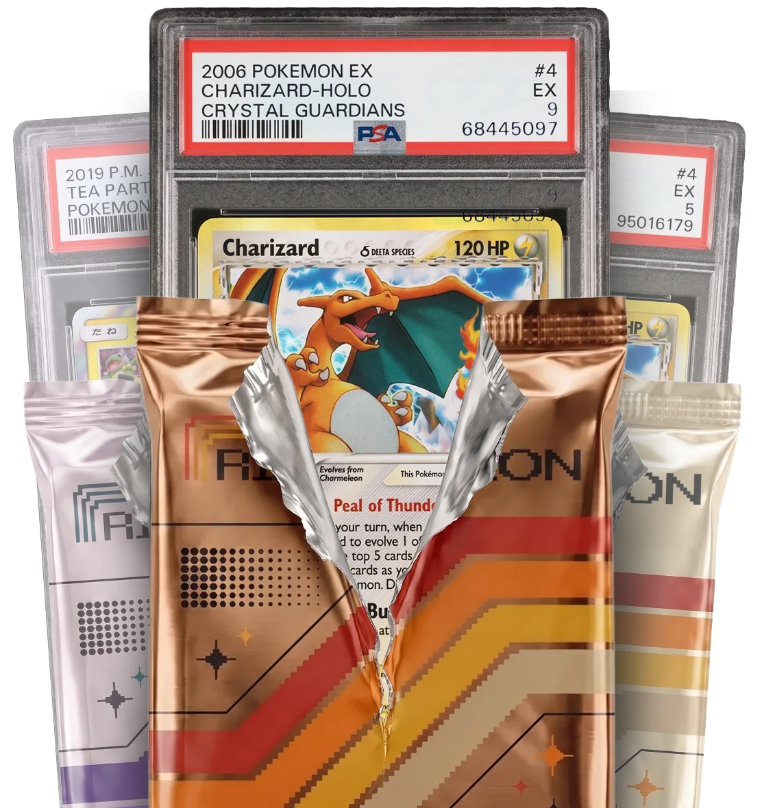 Graded PSA Pokémon slabs fanned behind ripped-open packs